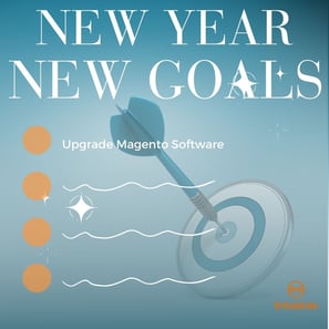 New Year New Goal, bullseye background, list of goals starting with Upgrade Magento Software
